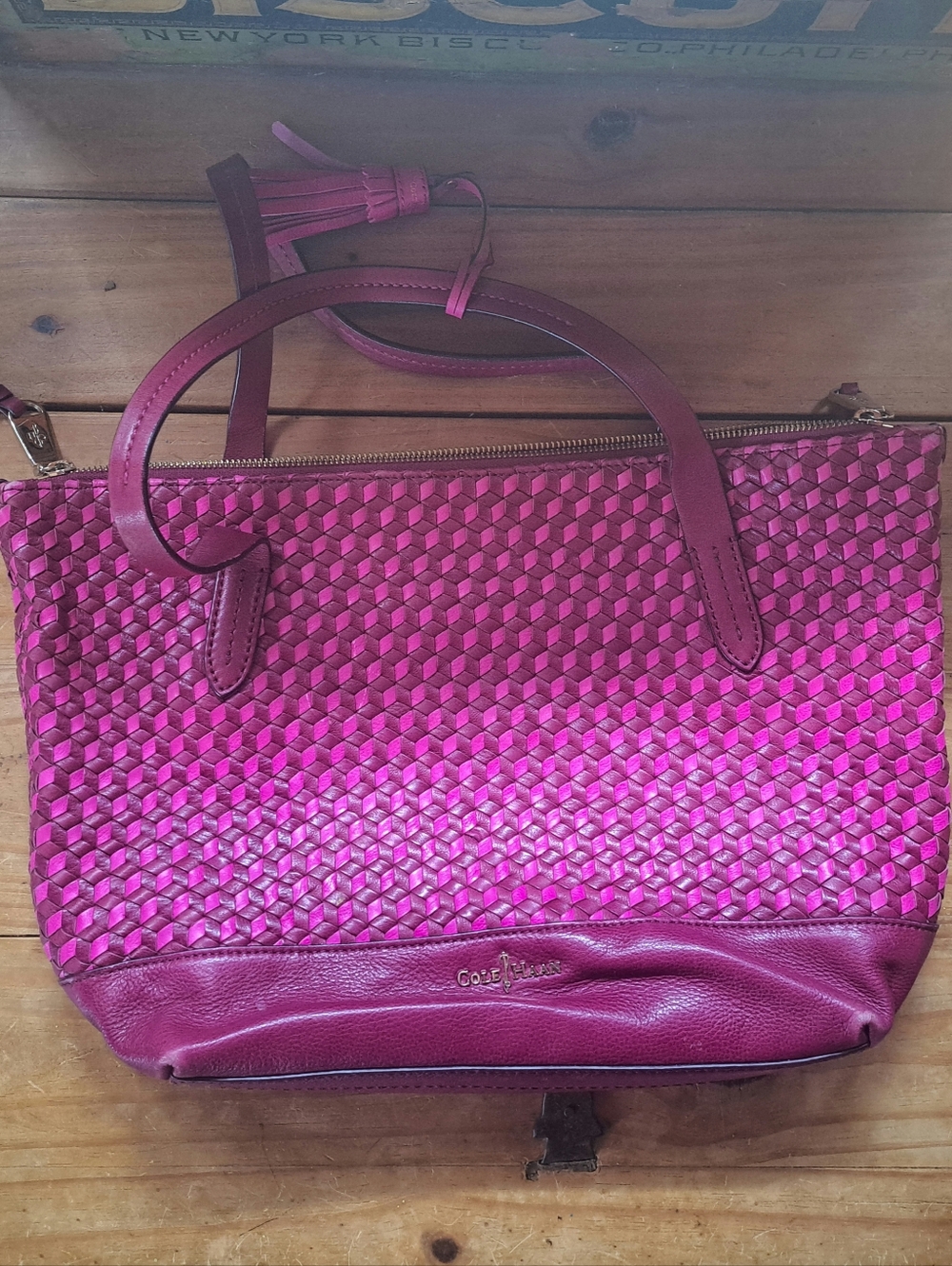 Cole Haan Woven Leather Tote Bag Magenta Fuchsia Basket Weave Top Zip Handbag